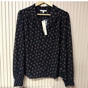 Les Serein Black Sheer Floral Blouse - Sz L, Long Sleeves, V-Neck Women's Top
